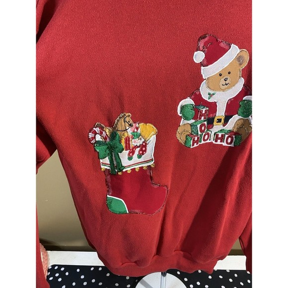 Vintage Embroidered/ Puppies In Sleigh Santa With Gifts 2side Sweatshirt Size XL - Picture 3 of 16